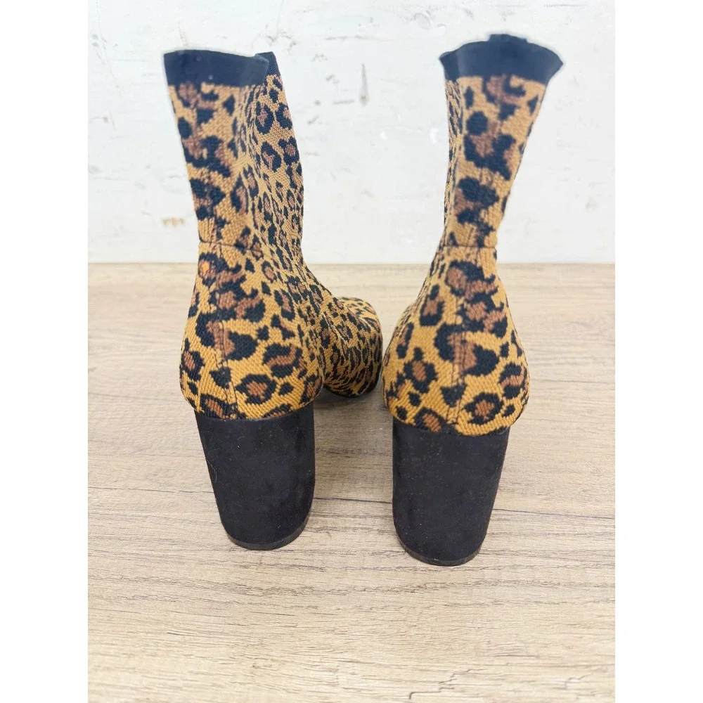 Leopard Print Sock Boots Block Heel Ankle Booties GS7553115Y Erika Tan Black 8.5